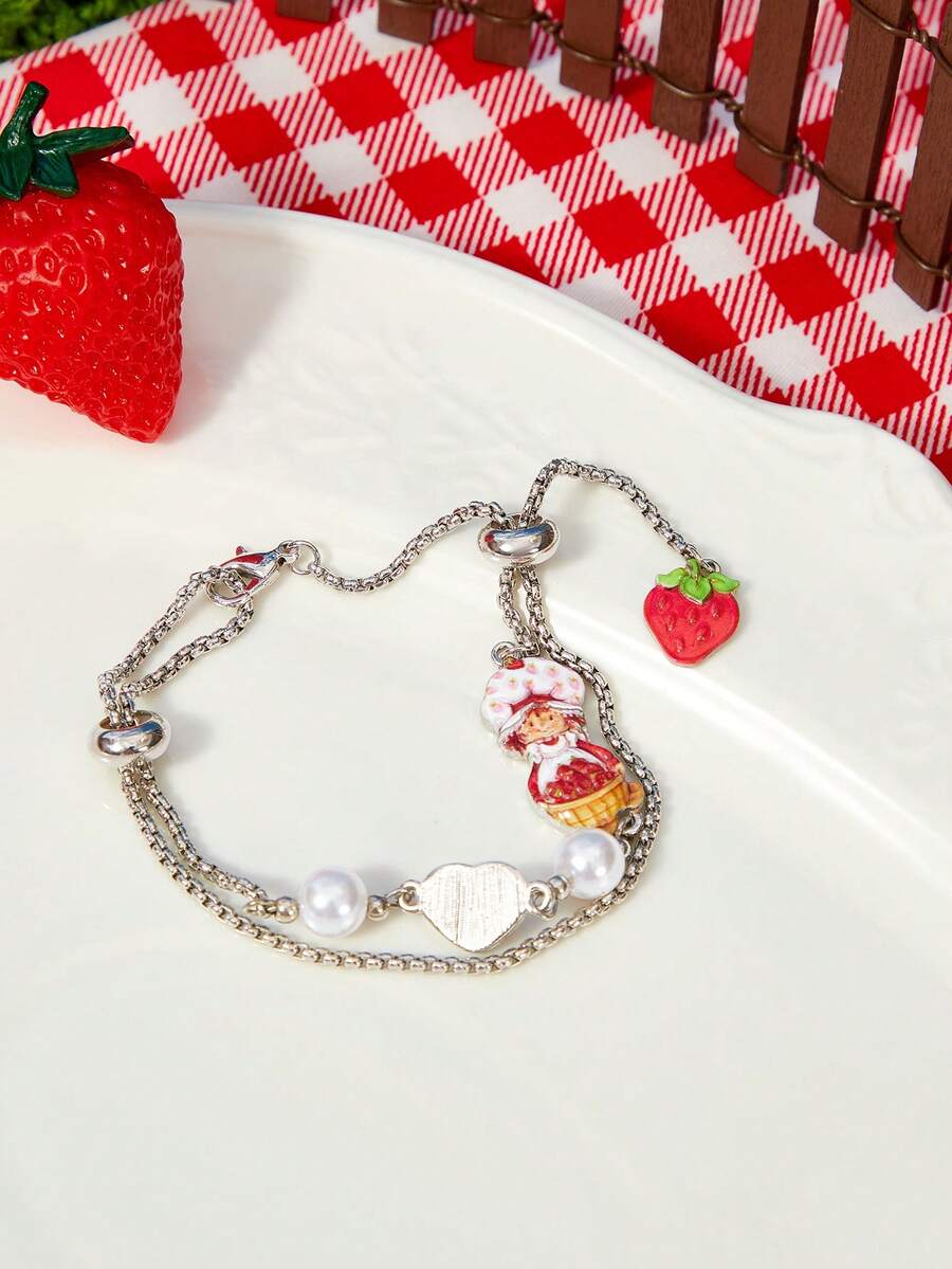 Strawberry Shortcake X SHEIN New Creative Cartoon Pattern Printing Bracelet, IP Joint Design, Lovely Personalized, Simple And Generous, Can Also Be Used As Accessories - Platinum - View 1