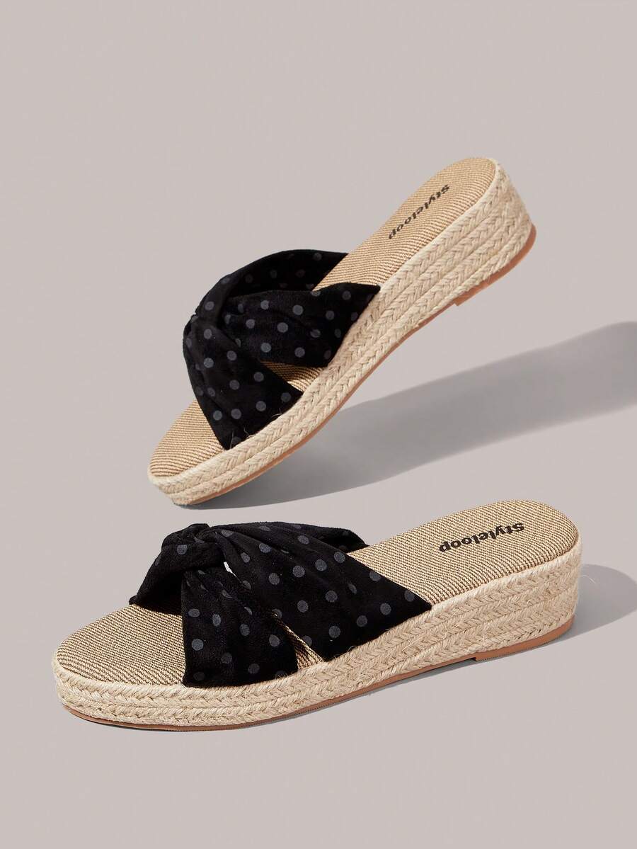 Styleloop Spring And Summer Casual Hemp Rope Bottom Black Polka Dot Women's Slope Heel Platform Sandals Slippers Daily Commute Simple Vacation Travel Pastoral B - Black - View 1