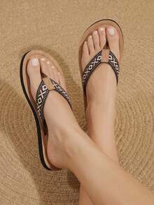 Styleloop Women's Bohemian Style Western Music Festival Flats, Suitable For Parties, Beaches, Vacations, Travel, Travel Must-Have - Black Stripe - View 2