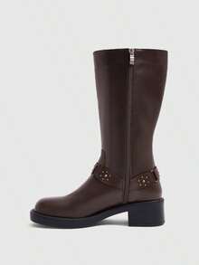 Daringsoles British Punk Belt Buckle Side Zip Mid Boots Fall Shoes - Coffee Brown - View 5