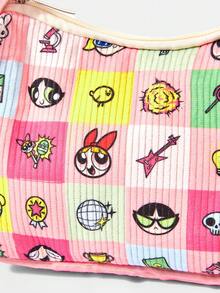 THE POWERPUFF GIRLS X SHEIN 彩色格紋拼接卡通人物印花拉鍊腋下包，單肩長棍麵包肩背手提包，適合日常街頭穿搭 - 卡通人物-4 - 查看 3