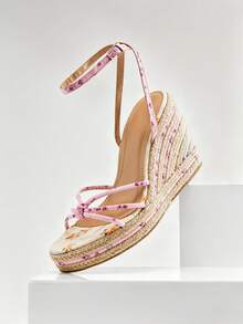 Solezae Women's Elegant Cute Floral Print Ankle Strap Espadrille Wedges - Baby Pink - View 7