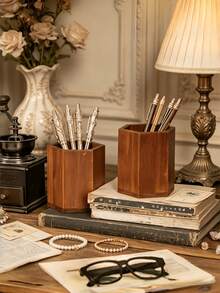 1PC Standard Size Compact Vintage Wooden Hexagonal Diamond Shaped High Practical Pen Holder Pencil Organizer Storage Shelf Desk Rack Durable Sturdy Non Slip Scratch Resistant Space Saving Multi Purpose For Office Study Home - Brown - View 3