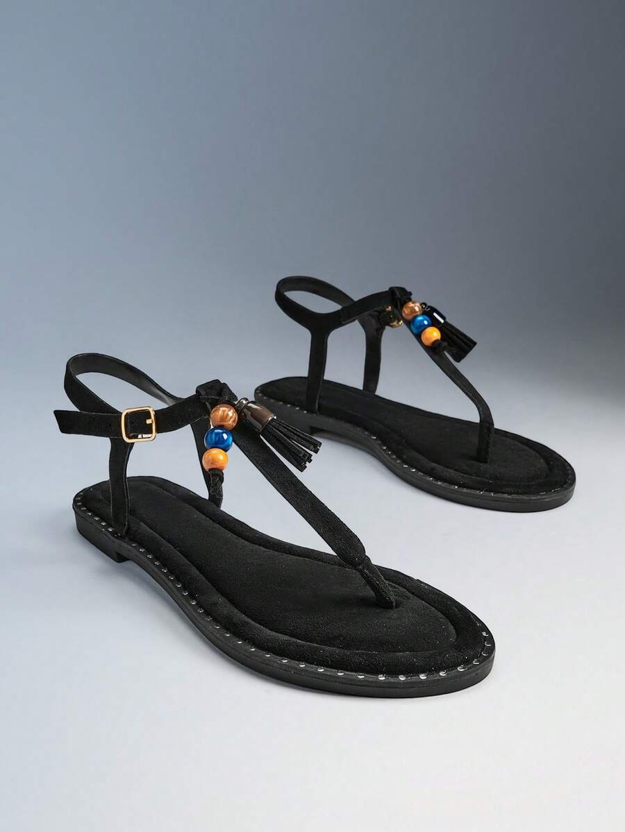 Solezae Women Comfy Vacation Casual Colorful Beads Decor Ankle Strap Flat Sandals - Black - View 1