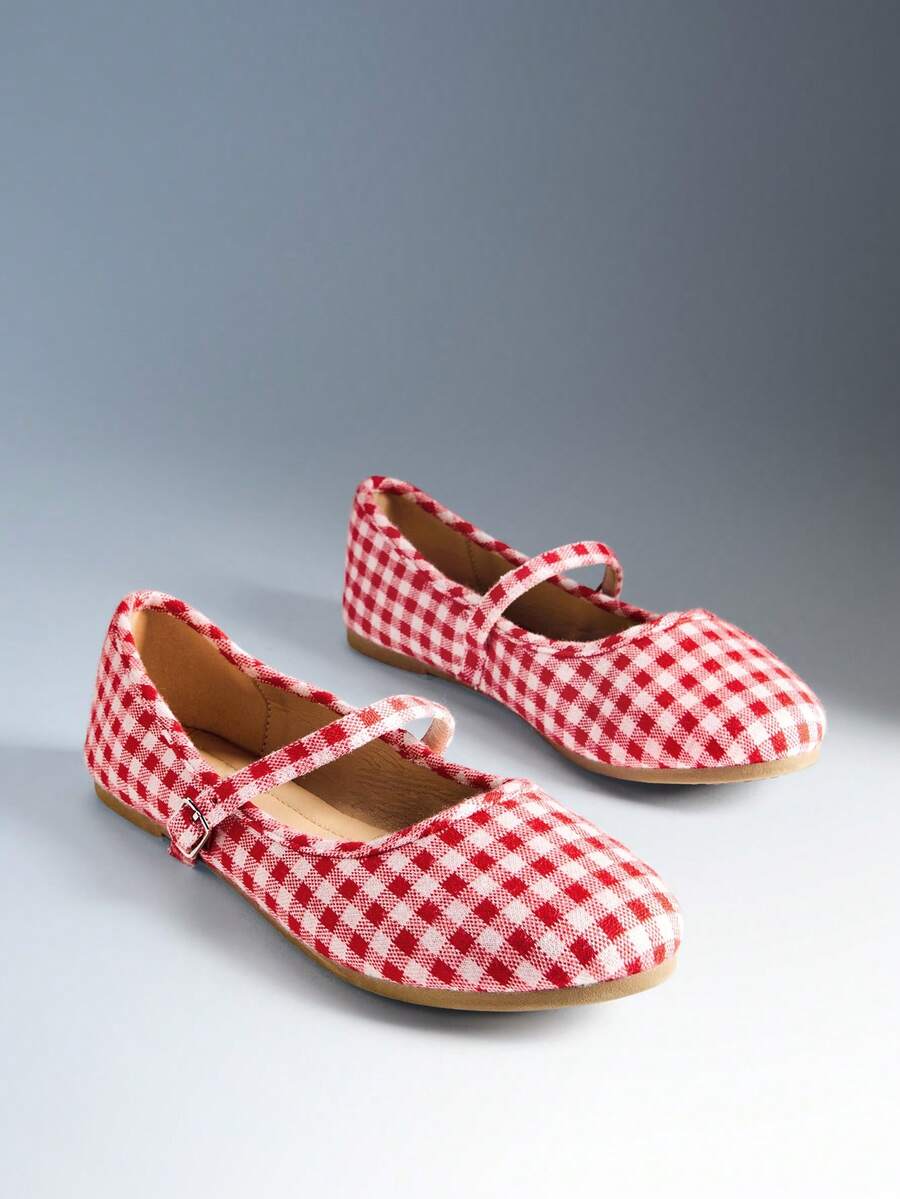 Solezae Women's Fashionable Check Fabric MaryJane Flats - Red - View 1