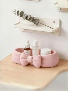1PC Standard Size Pink Bow Shaped Plastic Durable Waterproof Rustproof Non Slip Easy Clean Lightweight Versatile Countertop Tray Organizer For Toothbrush Skincare Cosmetics Toiletry Items Bathroom Vanity Shelf Space Saving Decorative Storage - Pink - View 2