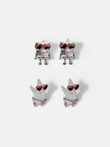 SpongeBob SquarePants | SHEIN New Creative Cartoon Animal Pattern Printed Pendant Earrings, IP Joint Design, Cute Personalized, Simple And Generous, Can Also Be Used As Accessories - Platinum - View 5