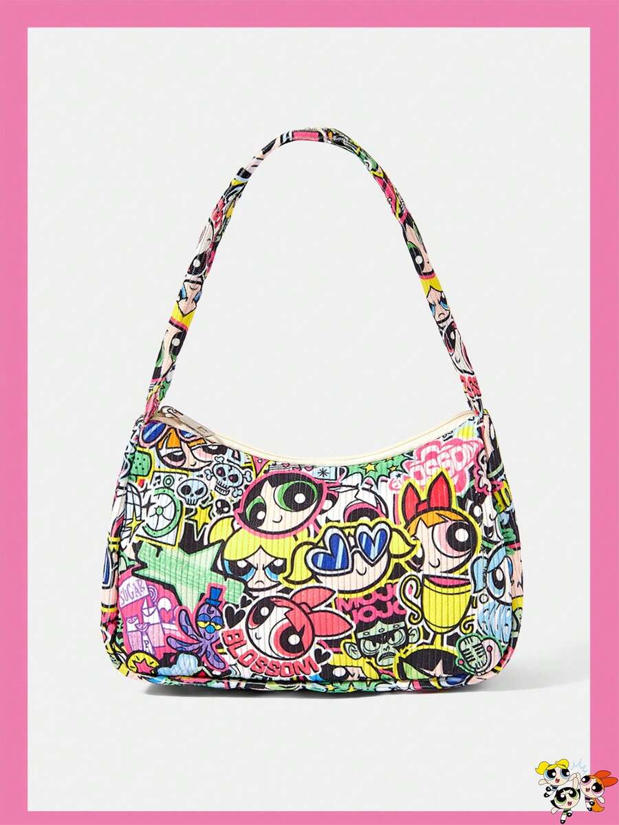 THE POWERPUFF GIRLS X SHEIN 全滿塗鴉卡通角色印花夾鏈腋下包,Y2K單肩法棍包,街頭風日常穿搭手提肩背包 - 卡通人物-3 - 查看 1