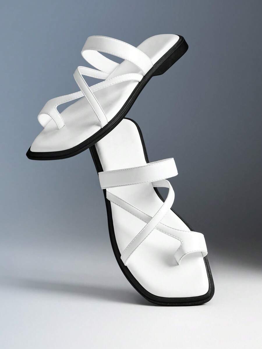 Solezae #BritishChic Women's Toe-Loop Cross-Band Cushioned Premium Faux Leather White Slide Sandals – Refined, Minimal & Comfortable - White - View 1