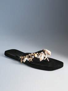 VACAZURE Women PVC Thong Flat Bling Chic Tropical Everyday Black Seashell Flip Flops - Black - View 1