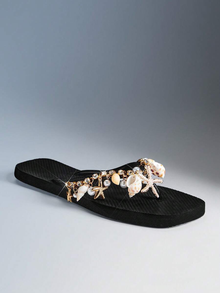 VACAZURE Women PVC Thong Flat Bling Chic Tropical Everyday Black Seashell Flip Flops - Black - View 1