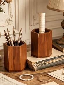 1PC Standard Size Compact Vintage Wooden Hexagonal Diamond Shaped High Practical Pen Holder Pencil Organizer Storage Shelf Desk Rack Durable Sturdy Non Slip Scratch Resistant Space Saving Multi Purpose For Office Study Home - Brown - View 11
