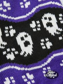 1pc Pet Cat Dog Universal Halloween Purple Ghost Paw Print Jacquard Knit Elastic Comfortable Warm Sweater, PETSIN Original Design - Multicolor - View 5