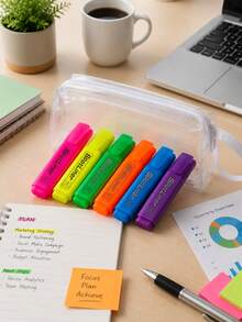 Mixed Color Neon Fluorescent Pen Set, Modern Aesthetics And Durable Plastic Rectangular Pen Holder, Chisel Tip, Transparent Storage Bag, Suitable For Note-Taking, Hand Account, Color Marking, Office Space Layout For Teenagers And Adults - Multiple Styles - View 7