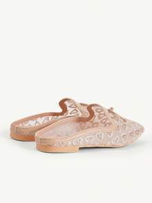 CUCCOO CHICEST Square Toe Flat Bottom Apricot Love Embroidery Mesh Bow Breathable Women's Low Vamp Flat Bottom Shoes Mules Shoes Exquisite Comm - Apricot - View 5
