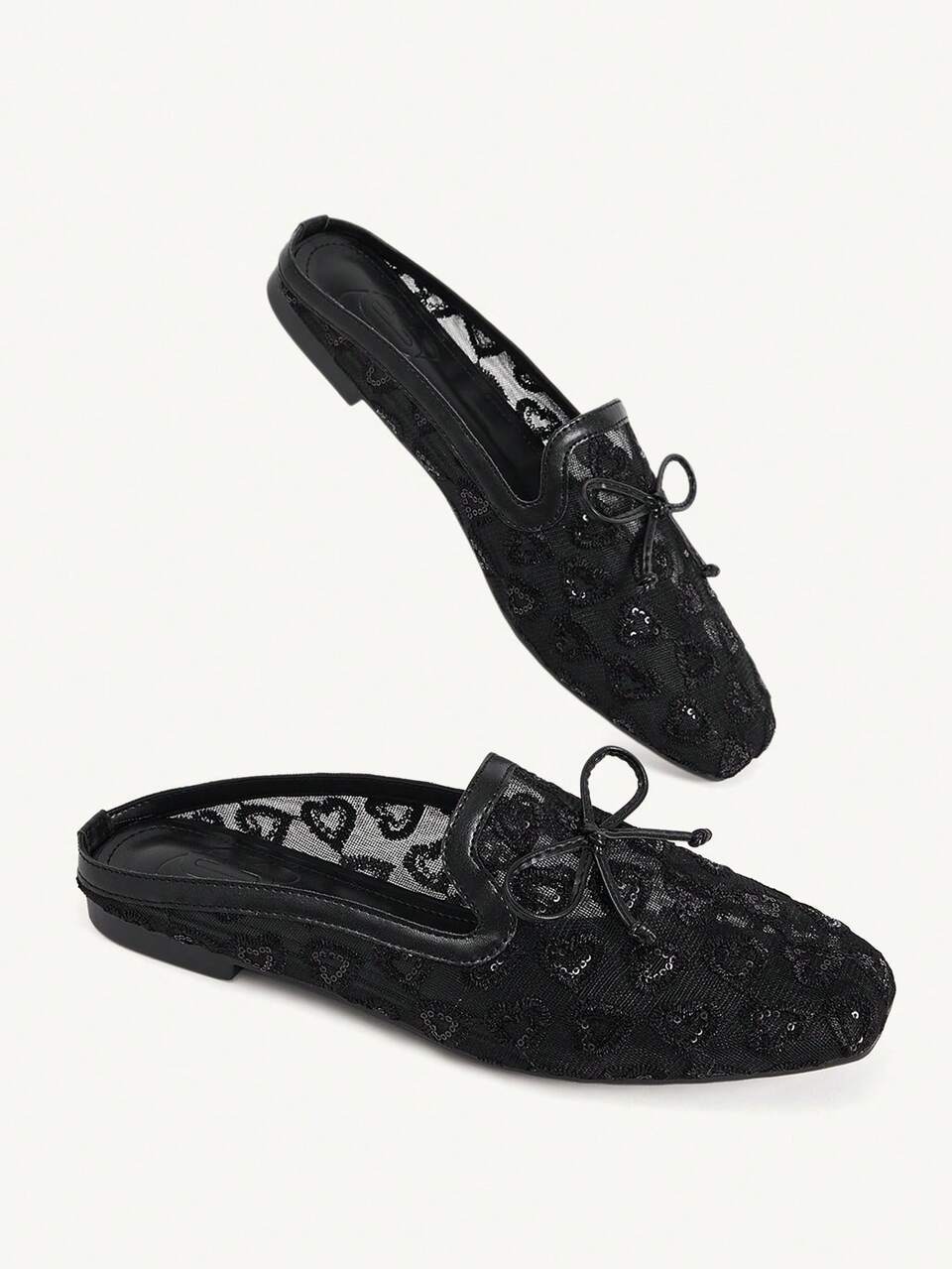 CUCCOO CHICEST Square Toe Flat Bottom Black Love Embroidery Mesh Bow Breathable Women's Low Vamp Flat Bottom Shoes Mules Shoes Exquisite Comm Fall Shoes