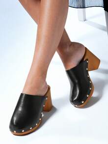 Solezae Women's Minimalist Thick Platform Slip-On Pumps With Rivets Decor Summer Shoes - Black - View 6