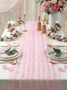 1PC Pearl Mesh Table Runner Pink Lace Chiffon Bohemian Wedding Dessert Cover, Wrinkle Resistant Tulle For Outdoor Wedding Arch Party Baby Shower Bridal Shower Decor - multicolor - View 7