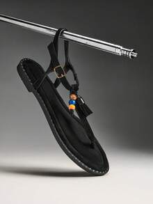 Solezae Women Comfy Vacation Casual Colorful Beads Decor Ankle Strap Flat Sandals - Black - View 7