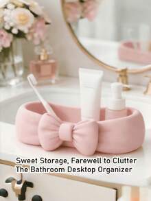 1PC Standard Size Pink Bow Shaped Plastic Durable Waterproof Rustproof Non Slip Easy Clean Lightweight Versatile Countertop Tray Organizer For Toothbrush Skincare Cosmetics Toiletry Items Bathroom Vanity Shelf Space Saving Decorative Storage - Pink - View 6