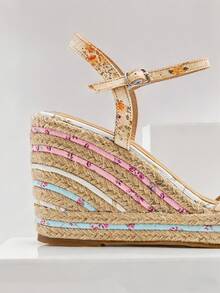 Solezae Women's Elegant Cute Floral Print Ankle Strap Espadrille Wedge - Yellow - View 7