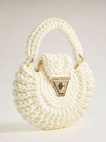 Wovira Ladies Beige Woven Handbag, Cute Round Shape, Fringed Decoration, Premium Metal Lock, For Daily, Vacation, Travel, Bohemian, Seaside, Beach Wedding - White - View 2