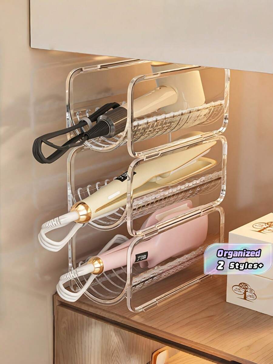 1Pc Transparent Acrylic Hair Tool Organizer Rack Stackable Countertop Storage Holder For Curling Iron Straightener Blow Dryer Comb Bathroom Vanity Dressing Table Salon Desk Shelf - transparent color - View 1