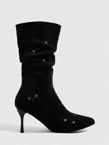 CUCCOO SZL Women's Fashion Pointed Toe Black Suede Rhinestone Studded Stiletto Mid-Calf Ruched Boots, Sexy Party Nightclub Ankle Boots - Black - View 2