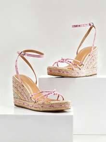 Solezae Women's Elegant Cute Floral Print Ankle Strap Espadrille Wedges - Baby Pink - View 5