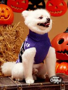 1pc Pet Cat Dog Universal Halloween Purple Ghost Paw Print Jacquard Knit Elastic Comfortable Warm Sweater, PETSIN Original Design - Multicolor - View 7