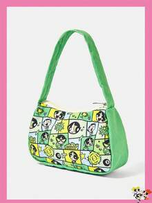 THE POWERPUFF GIRLS X SHEIN 彩色格紋拼接卡通人物與裝飾元素印花拉鍊腋下包，單肩長棍包手提肩背包，適合日常街頭穿搭 - 卡通人物-7 - 查看 2