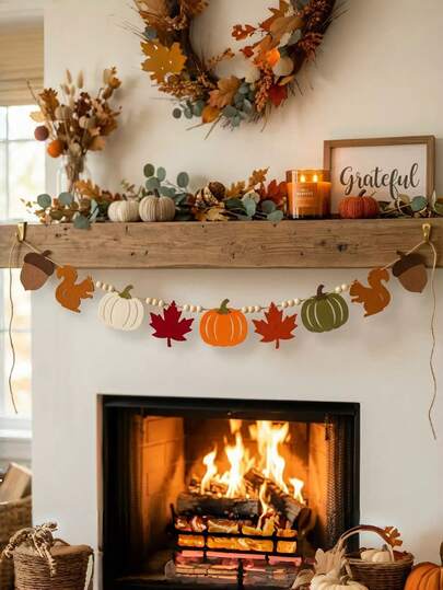 Cirelle 1 pieza Guirnalda decorativa de otoño con cuentas de madera - Guirnalda de fieltro con calabaza, hoja de arce, bellota y ardilla, pancarta colgante para chimenea y repisa de Acción de Gracias, decoración de estilo granja para el hogar