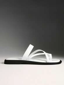 Solezae #BritishChic Women's Toe-Loop Cross-Band Cushioned Premium Faux Leather White Slide Sandals – Refined, Minimal & Comfortable - White - View 10
