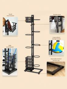 1PC Freestanding Sturdy Space Saving Holds Multiple Basketballs Soccer Volleyballs Tennis Rackets With Hoop And Hooks Silver Vertical Ball Rack For Home Gym Garage Backyard School Sports Court Durable Easy Access Non Slip Base Perfect Organizer Gift - black - View 4