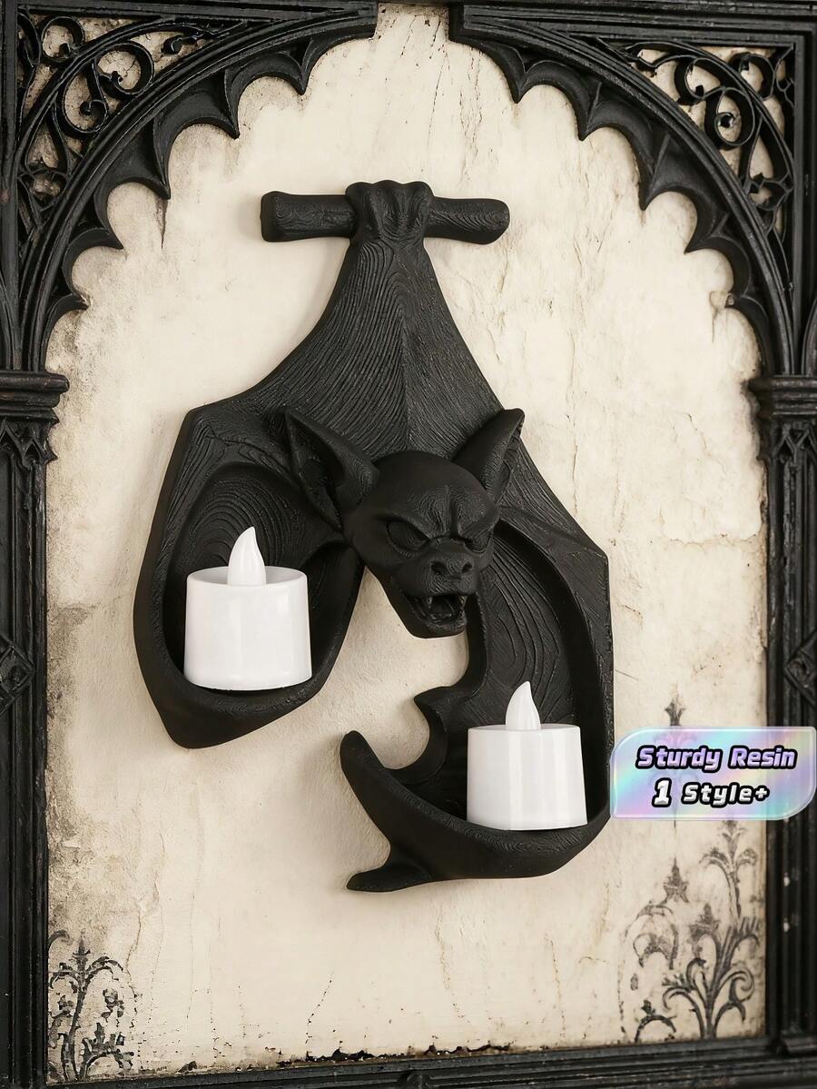 1PC Standard Size Durable Resin Creative Bat Shaped Wall Mounted Shelf Stand With Animal Sculpture Design Multiple Candle Holders For LED Tealight Gothic Horror Style Decorative Organizer Black Finish Sturdy Space Saving Easy Installation Living - 1PC - View 1