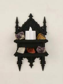 1PC Standard Size Sturdy Resin Gothic Dark Style Double Tier Wall Mounted Shelf Rack With Vintage Ornate Design Decorative Storage Display Stand For Books Photos Plants Candles Black Finish Space Saving Home Living Room Bedroom Office Halloween - hanger - View 3