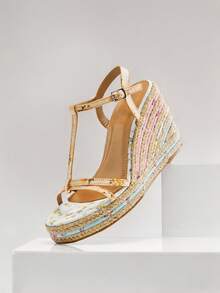 Solezae Women's Elegant Cute Floral Print Ankle Strap Espadrille Wedge - Yellow - View 6