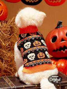 1pc Pet Cat Dog Universal Halloween Pumpkin Skull Fairisle Pattern Classic Retro Jacquard Knit Elastic Turtleneck Warm Comfortable Dog Sweater, PETSIN Original Design - Red and White - View 4