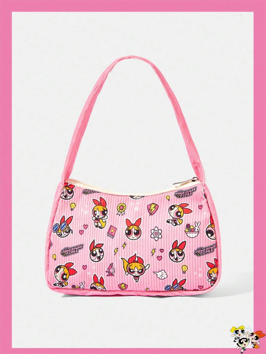 THE POWERPUFF GIRLS X SHEIN 粉色底色重複卡通角色與小愛心元素印花拉鍊腋下包,單肩長條肩背手提包,適合日常穿搭 - 卡通人物-6 - 查看 1