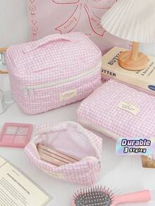 1pc Pink Plaid Quilted Cosmetic Bag – Large Capacity Travel Toiletry Organizer, Makeup Brush Storage Pouch For Vacation - Pink - View 1