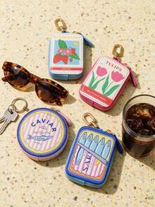 Joivida 1Pc Retro Fun Uv Print Coin Purse, Stylish And Compact Keychain Pendant, Cute Cartoon Mini Zip Bag, Portable For Storing Earphones And Small Accessories - Multicolor - View 4