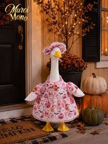 Pink Halloween Porch Goose Outfit For 23 Inch Goose Statue Pumpkin Ghost Print Dress With Matching Hat Fall Yard Lawn Patio Decor(The Goose Statue Is Not Included) - A - View 1