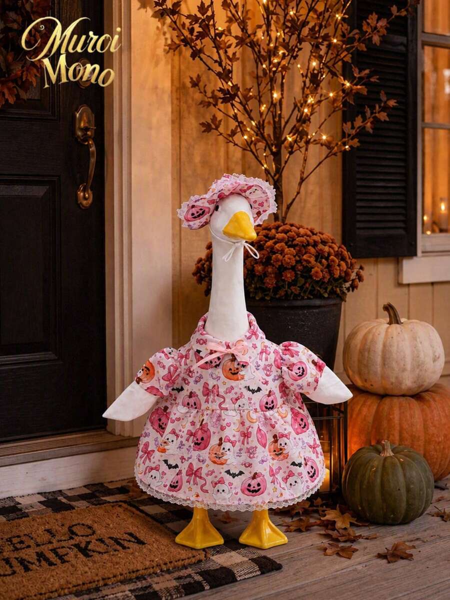 Pink Halloween Porch Goose Outfit For 23 Inch Goose Statue Pumpkin Ghost Print Dress With Matching Hat Fall Yard Lawn Patio Decor(The Goose Statue Is Not Included) - A - View 1