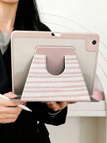 Casing Tablet Motif Garis-Garis Merah Muda Croissant yang Lucu dengan Slot Pena, Penutup Penyangga Magnetik Multi-Sudut dengan Fungsi Tidur/Bangun Otomatis - MultiWarna - View 10