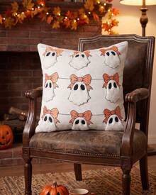 Joivida 1pc/2pcs 45*45cm Halloween 3D Fuzzy Plush Throw Pillow Covers, Pumpkin Ghost Bat Textured Knit Square Cushion Cases, Spooky Cute Fall Autumn Farmhouse Decor For Sofa Couch Bedroom Fireplace Homestay Party, Pillow Insert Not Included - Bow Ghost - View 7