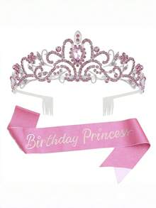 Sparkling Birthday Princess Crown – Rhinestone Tiara & Sash Set, Women's Party Decoration - View 7