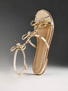 Solezae Women's Minimalist Elegant Ribbon Decor Ankle Strap Flat Sandals Summer Shoes - Gold - View 10