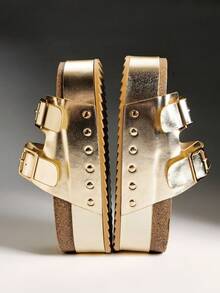 Solezae Sepatu Wanita Sandal Selop Platform Tebal dengan Gesper Ganda - Emas - View 9