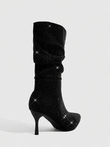 CUCCOO SZL Women's Fashion Pointed Toe Black Suede Rhinestone Studded Stiletto Mid-Calf Ruched Boots, Sexy Party Nightclub Ankle Boots - Black - View 3