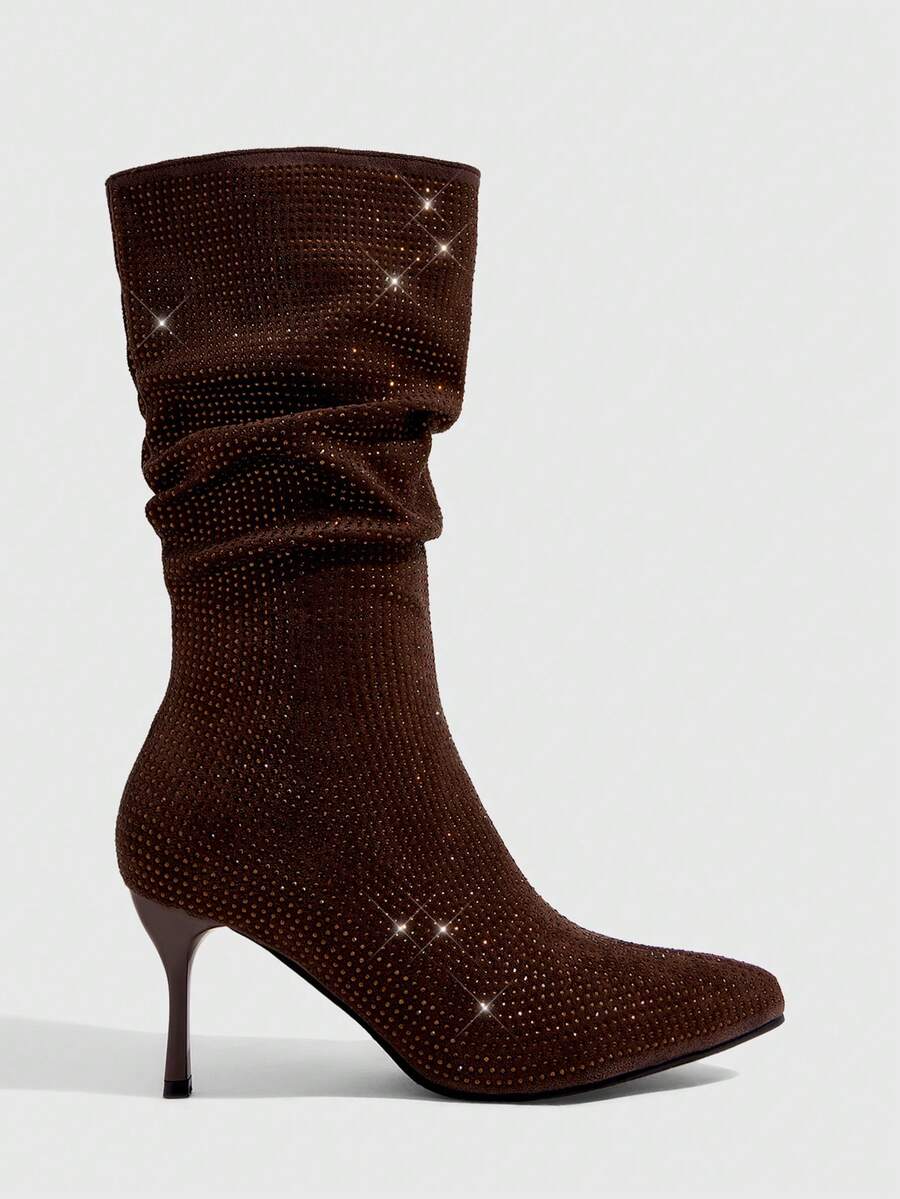 CUCCOO SZL Women's Pointed Toe Brown Suede Rhinestone Stiletto Mid-Calf Ruched Boots, Fashion Sexy Party Nightclub Ankle Boots - Coffee Brown - View 1
